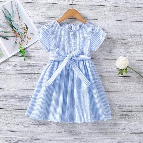 Summer Dress Childrens Clothes Girl 2021 New Casual Striped Belt Short-sleeved Childrens Dress For 2-6 Years Old