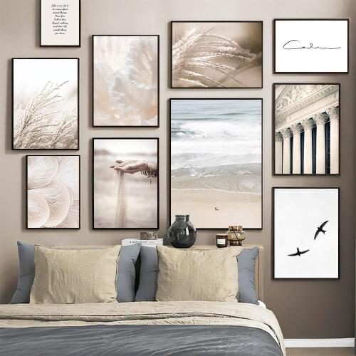 Sand Falling Poster Reeds Mushroom Canvas Prints Birds Calm Beach Wall Art Pictures Nordic Painting For Living Room decoration