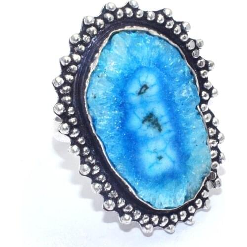 Genuine Solar Quartz Druzy Ring Silver Overlay over Copper, USA Size : 8.25 , R8054