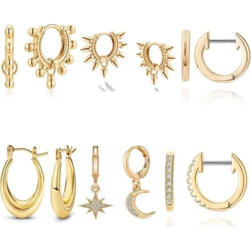 Beach Simple Star Moon Rivet Chunky Huggie Hoop Earrings Cubic Zirconia Bead CZ Sleeper Earring for Women Girls Fashion Jewelry