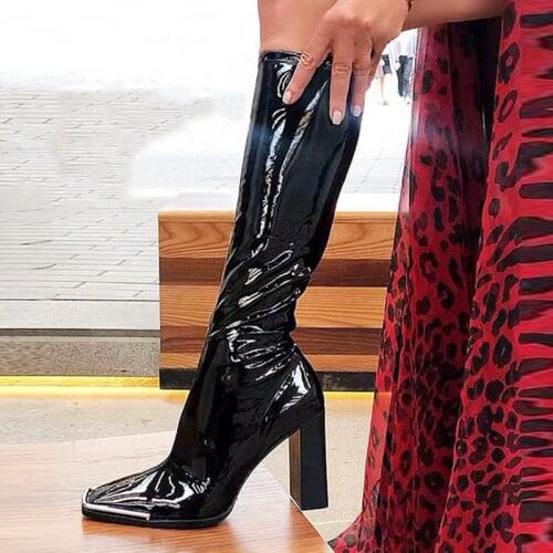 LAIGZEM Trendy Women Knee High Boots Patent Boots 9.5/7.5CM Chunky Block Heel Boots Side Zip Shoes Botas Mujer Size 37 38 39 40