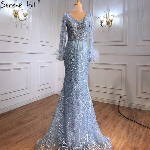 Serene Hill Blue Mermaid Luxury Evening Dresses Gowns Feather Beading Luxury Elegant For Women Party 2021 LA70968