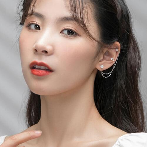 Real 925 Sterling Silver Pearl Ear Cuff Earrings Double Layered Ear Cuffs Piercing Tassel Earrings Clip On Earrings for Women