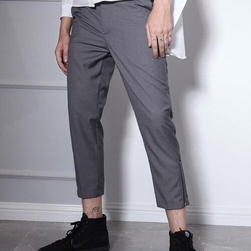 Light gray cropped pants pants with zipper Europe and the United States simple wild tide mens pants