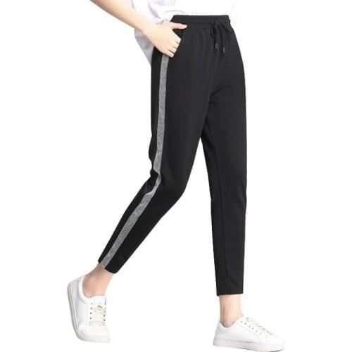 Women Contrast Panel Sweatpants Casual Harem Pants Loose Elastic Trousers Women Black Striped Side Sweat Pants Female MOKIJINS