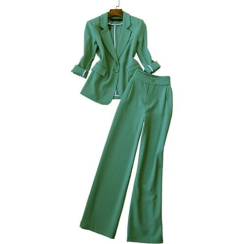 Fashion green suit femme plus size summer New casual Fruit green Slim one button suit + wide leg pants OL suit women