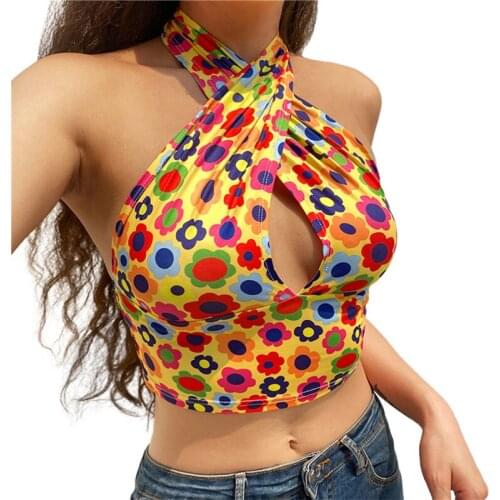 Xingqing Women Deep V Neck Halter Crop Top Tie Backless Floral Printed Y2k Tanks Tops Wrap Bandage Camis Vintage 90S Streetwear