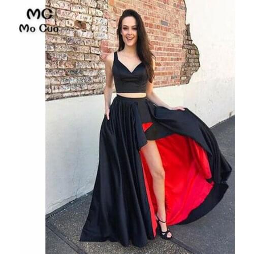 2019 Black Prom Dresses Long Two Pieces Gown V-Neck Straps Hi Lo Gown Vestido Longo Formal Evening Party Dress for Women