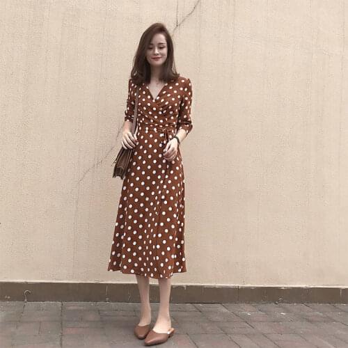 French Fashion 2021 Summer New Women Stylish Polka Dot Print Chiffon Dress Short Sleeve V-Neck Bandage Casual Vestidos