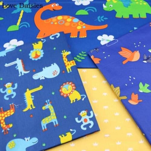 100% Cotton Twill Cartoon BLUE Dinosaur Animals Birds Flowers Yellow Crown Fabrics for DIY Crib Bedding Apparel Handwork Decor