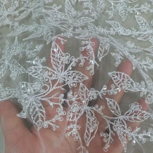5yards htt002# offwhite ivory leaf luxury sequin small beads embroidery net mesh lace fabric for evening dress/wedding