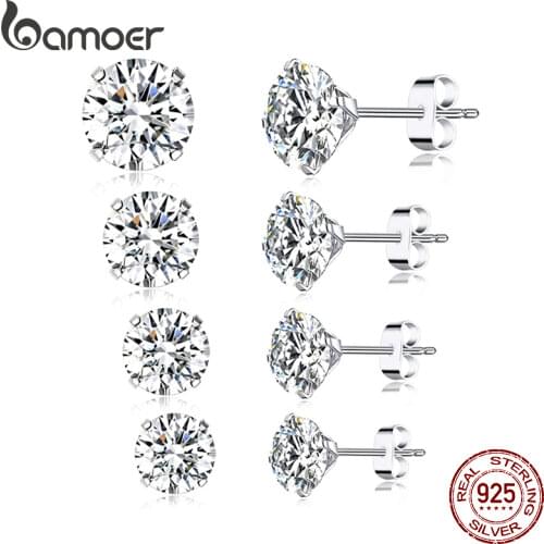 Bamoer CZ Stud Earrings 925 Sterling Silver Platinum Plated Round Cubic Zirconia Hypoallergenic Earrings 4mm 5mm 6mm 7mm BSE166