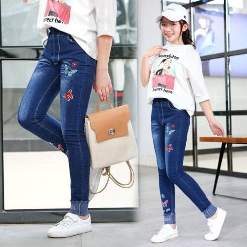New Fashion Girls Embroidery Denim Jeans Baby Soft Cotton Jeans Kids Spring Autumn Casual Trousers Child Elastic Waist Pants