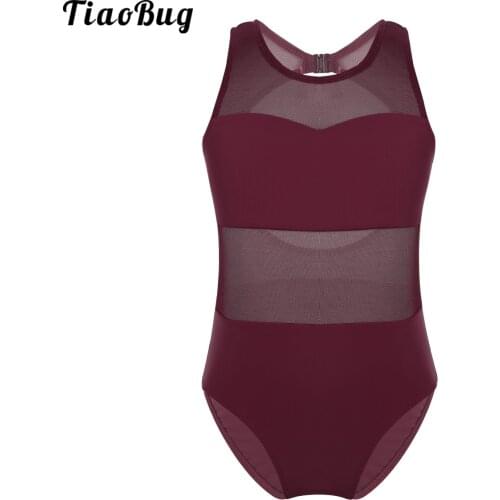 TiaoBug Kid Girls Bodysuit Sleeveless Mesh Splice Cutout Back Ballet Dance Gymnastics Leotard Jumpsuit Stage Performance Costume