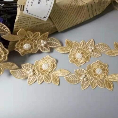 New 10x Gold Pearl Beaded Flower Leaf Embroidered Lace Trim Ribbon Fabric Handmade Sewing Craft For Costume Hat Decoration Hot