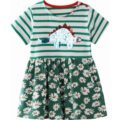 27kids Fashion Summer Girls Short Sleeve Cotton Shirt Dinosaur Sequins Skirt Baby Floral Stripes Dress for Kids Clother 2-7Years