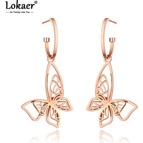 Lokaer Original Design Stainless Steel Bohemia Animal Earrings For Women Fashion Rose Gold Butterfly Earrings Jewelry E20235