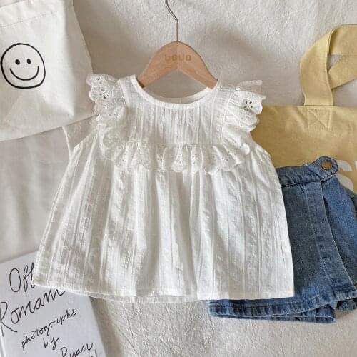 Cute Korean Version T-Shirt Age For 1 - 6 Years Baby Girls White Lace Tee Shirt 2021 New Summer Children Clothes Sleeveless Tops