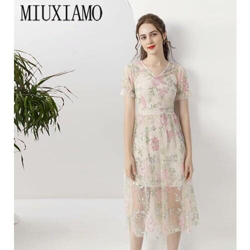 MIUXIMAO 2021 Spring Summer Sequins Embroidery Flower Half Sleeve V-neck Elegant Casual Midi Dress Women Vestidos