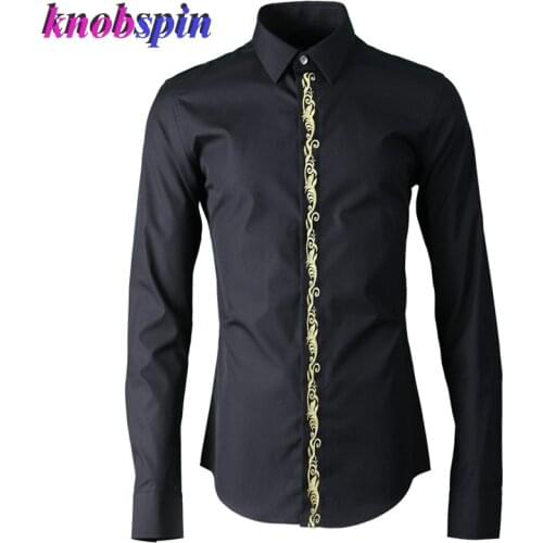 Gold Silver Color Placket Embroidery Shirt men High quality 100% Cotton Business male Dress shirts Solid Slim Casual clothe