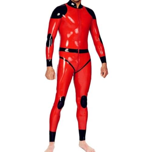 Front Zip Male Latex Tight Suit Rubber Red and Black Trims Bodysuit Men Catsuit Handmade S-LCM167