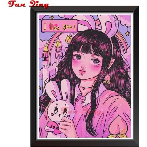 5D Diamond Embroidery Set Cute Girl Rhinestone Mosaic Cartoon White Rabbit Full Square Round Diamond Painting Kit Gift