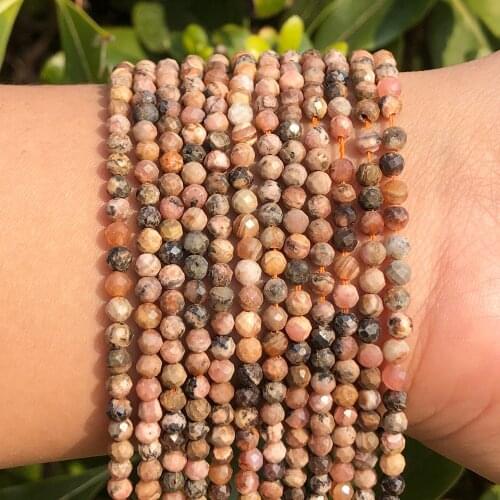 Natural Black Lace Rhodonite Bead Faceted Stone Round Loose DIY Beads for Jewelry Making Handmade Bracelet 15inch 2/3/4mm