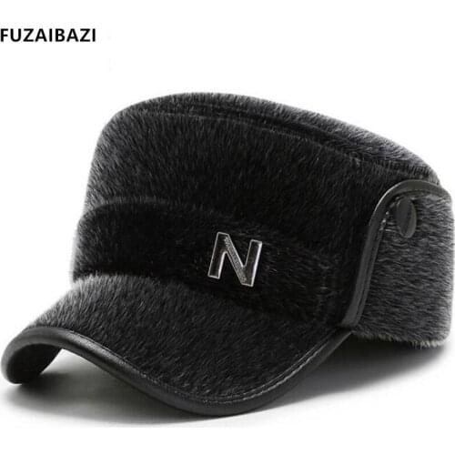 FUZAIBAZI Fashion New Mens Middle-aged Military Cap Winter Outdoor Elderly Cold Protection Keep Warm Ear Protection Flat Caps