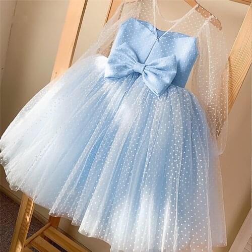 Princess Dresses for Girls Polka-Dot Flower Wedding Party Elegant Gown Bowbot Backless Childrens Dresses Kids Birthday Vestidos