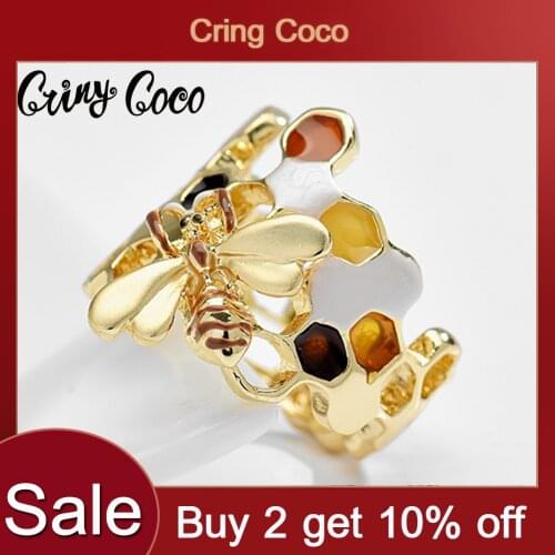 Cring Coco Enamel Bee Ring Fashion Gold Plated Jewelry Womens Trendy Alloy Metal Honey Finger Rings for Women Female Party Gift