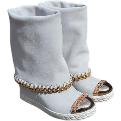 Real photos woman 8cm Inner Heightening Boots gold metal toe Chain side wedge inner heel white Middle Boots