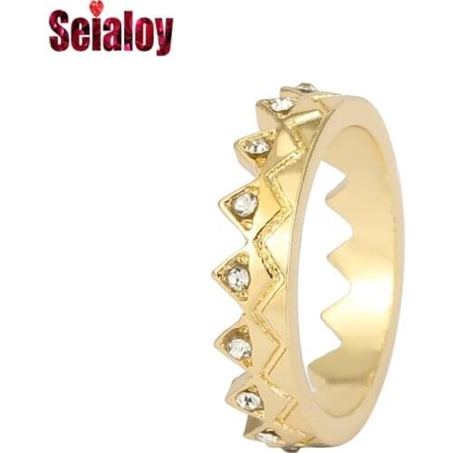 Seialoy Fashion Shiny Crystal Golden Crown Rings For Women Men Couple Friendship Stackable Ring Wedding Engagement Jewelry Gift