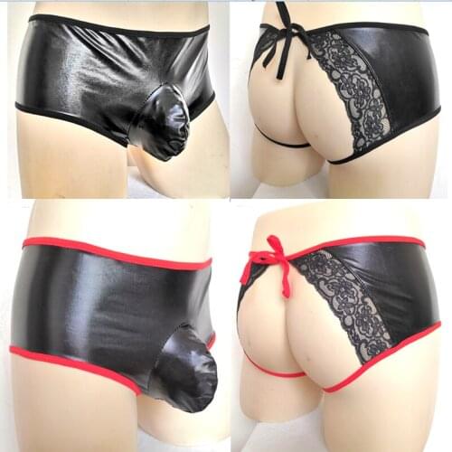 Sexy Men Boxer Mens Faux leather Underwear Underpants Penis Pouch PU Gay Boxers homem Soft Boxershorts Male Lace Panties Shorts