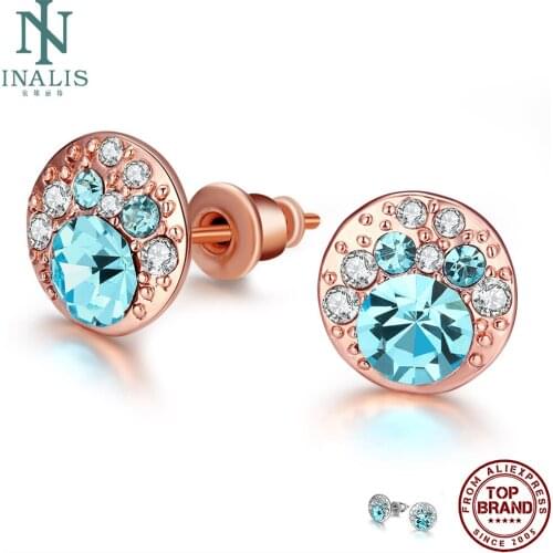 INALIS Stud Earrings For Women Popular Round Classic Colored Zircon Anniversary Cute Earring Fashion Jewelry Gift New Arrival