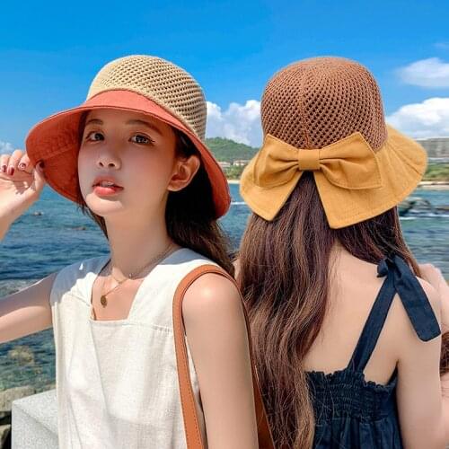 Sun hat female summer foldable small rim sunscreen hat mesh fisherman hat sun hat hollow beach woven straw hat