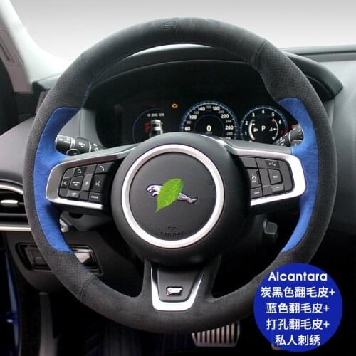 Blue Steering wheel cover for JAGUAR XF XJL XE F-PACE F-TYPE Real Alcantara suede hand-sewn hand Grip Suture car accessories