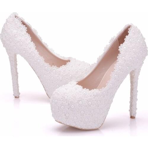 Crystal Queen Pearl Lace White Wedding Shoes Women Party Sexy High Heels Platform Pumps Bridal Shoes