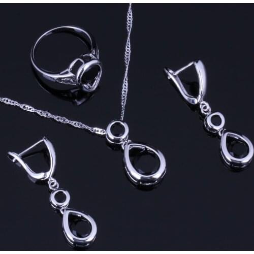 Outstanding Water Drop Black Cubic Zirconia Silver Plated Jewelry Sets Earrings Pendant Chain Ring V0993