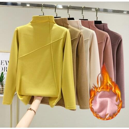 Women Autumn Winter Long Sleeve Thick T Shirt Casual Solid Turtleneck Soft Warm Basic Buttoming Pullover T-Shirts Pink Tees Tops