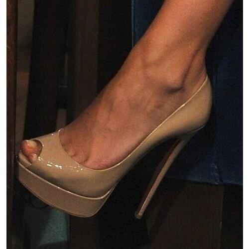 Women High Heels Peep Toe Pumps Sexy Wedding Shoes Nude Black Patent Leather Platform Pumps Big Size 13 Real Photo