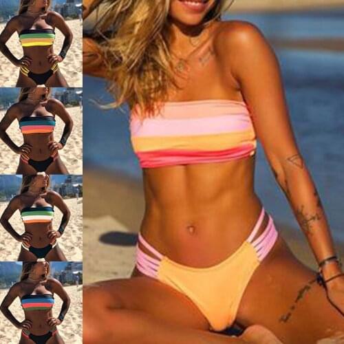 Women Sexy Bikini Set Swimsuit Fashion Bandage Bathing Suit Striped Off Shoulder Beach Wear New Arrival 2021 Fitness Swimwear XL