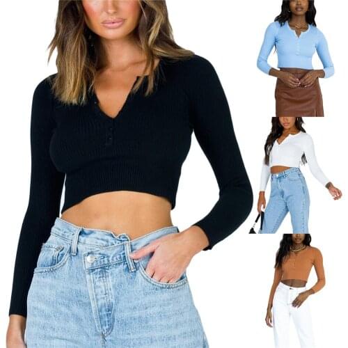 Women Ribbed Knit Crop Tops Long Sleeve V Neck Solid Color Slim Fit Button Front T-Shirts White/Black/Brown/Blue