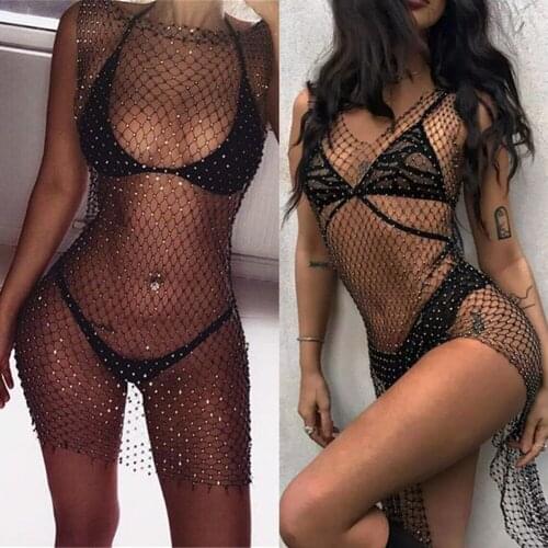 Women Bikini Bling Crystal Cover Up Tops Sexy Fishnet Hollow Out See Through Swimsuit Swimwear Tops Diamonds Mesh Patchwork