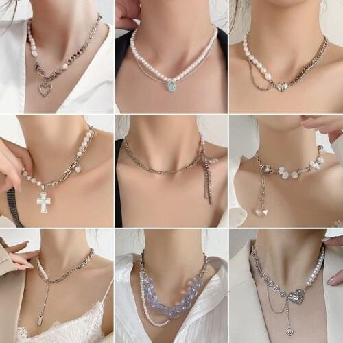 Minar Korean Multiple Irregular Freshwater Pearl Pendant Necklace for Women Cross Love Heart Chunky Chain Necklace Party Jewelry