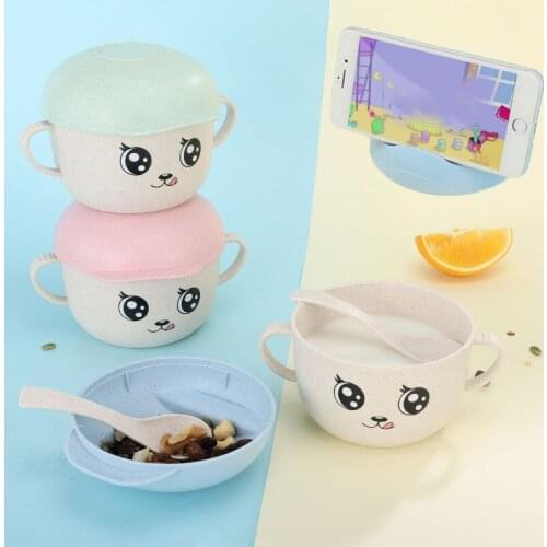 2Pcs/Set Baby Feeding Food Tableware Training Bowl+spoon Wheat Cartoon Kids Dishes Children Eating Dinnerware Set Anti-hot Plate