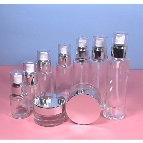 20g 50g clear glass skin care jar with silver cover,20~100ml glass bottles with lotion and spray pump