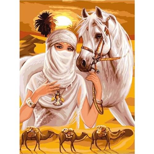 Arabian Woman White Horse Desert Camel Diamond Painting Portrait Animal Round Full Drill DIY Mosaic Embroidery 5D Cross Stitch