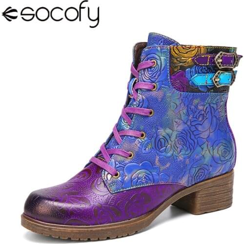 SOCOFY Retro Style Embossed Boots Genuine Leather Warm Lace-up Zipper Chunky Heel Short Boots Casual Party Shoe Botas Mujer 2020