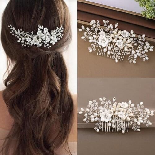 Bridal Wedding Flower Crystal Pearl Hair Combs For Brides Handmade Women Head Decoration Engagement Hair Accessories Jewelry