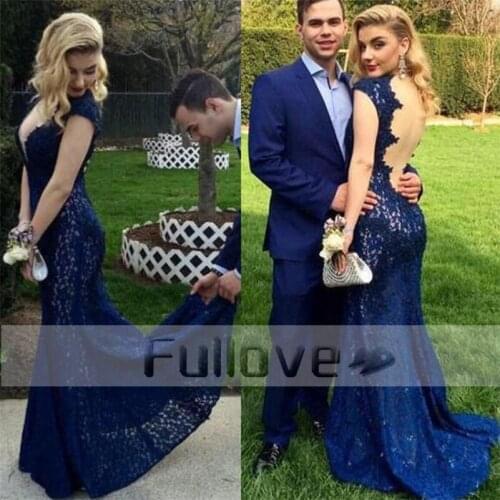 Graceful Royal Blue Lace Mermaid Evening Dress 2019 V-Neck Backless Formal Evening Dresses Long Vestido De Festa Abendkleider